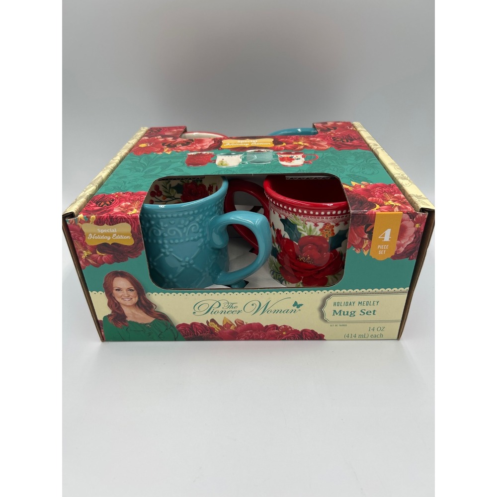 The Pioneer Woman Holiday Medley 4 Piece Mug Set 14oz Stoneware Christmas Floral - Picture 2 of 8